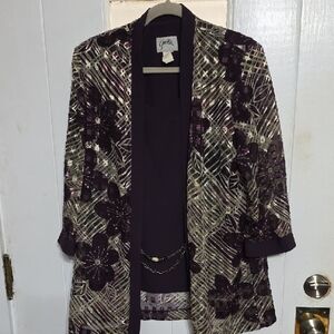 Vintage Guilia Women's Faux 2 Piece Jacket/Tank Plum Floral Chain Belt Sz 14 EUC